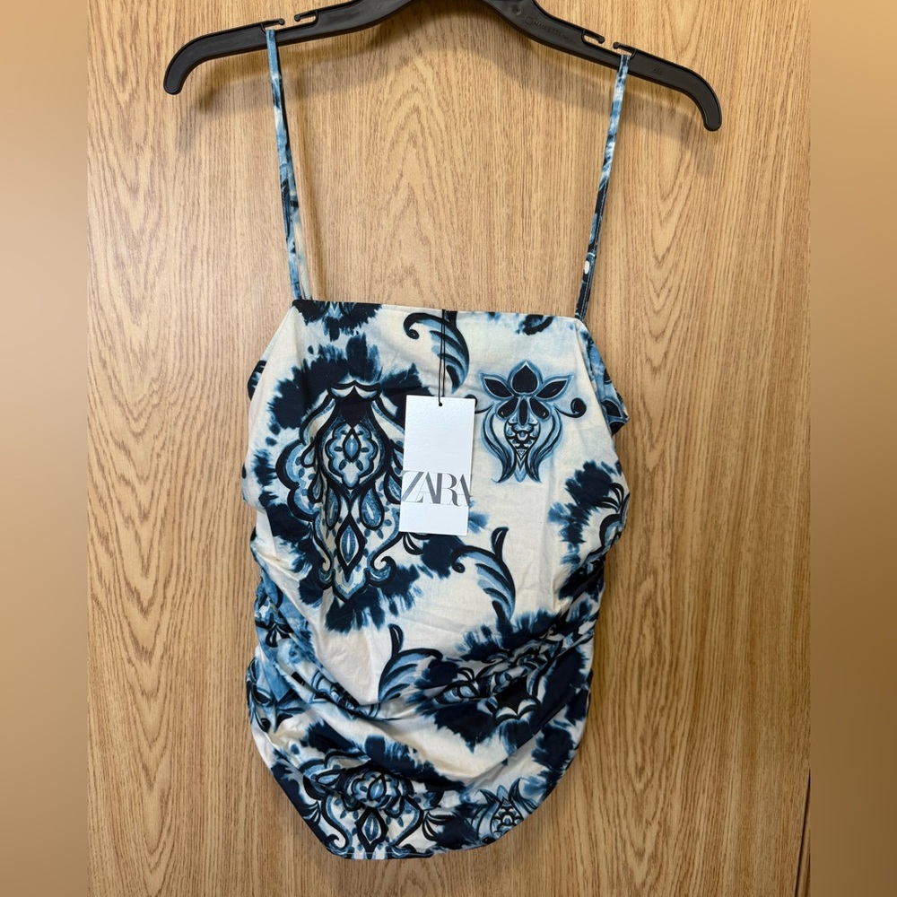 ZARA Blue and Cream Floral Tank Top